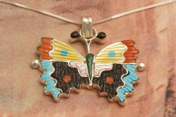 Zuni Indain Jewelry Genuine Gemstones Sterling Silver Butterfly Pendant